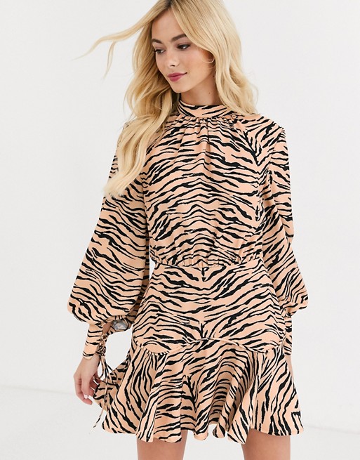 Finders Keepers high neck long sleeve dress in tiger print