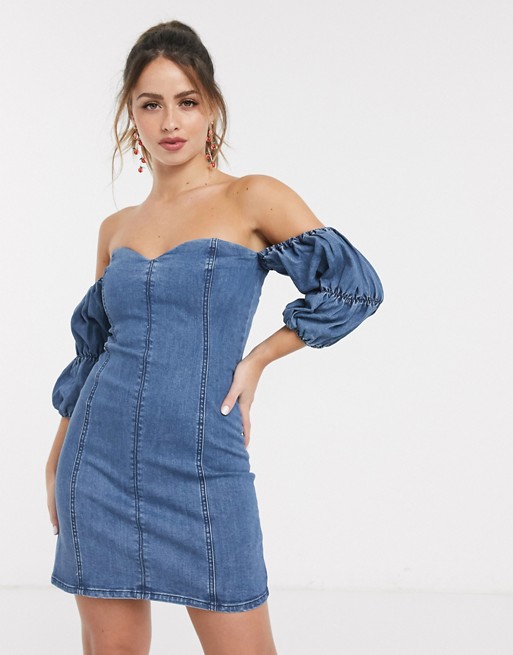 Finders Keepers lola denim bardot mini dress in washed blue
