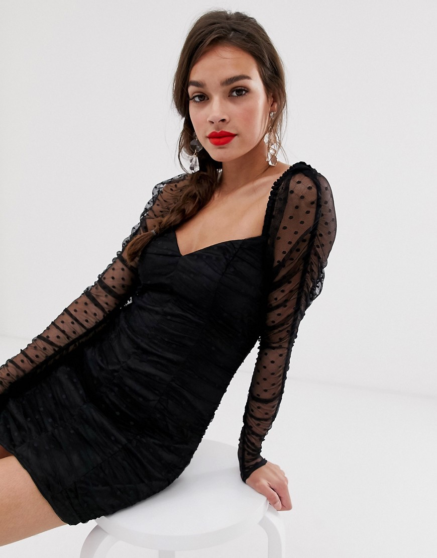 Finders Keepers - Palermo - Aangerimpelde mini-jurk met lange mouwen in gestippelde mesh-Zwart