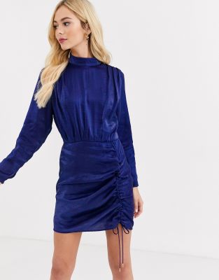 long sleeve blue satin dress