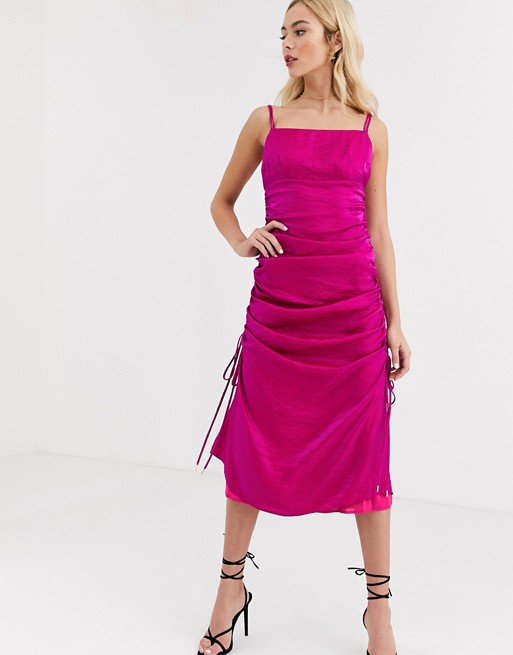 Finders Keepers rouche detail satin cami dress in fuscia