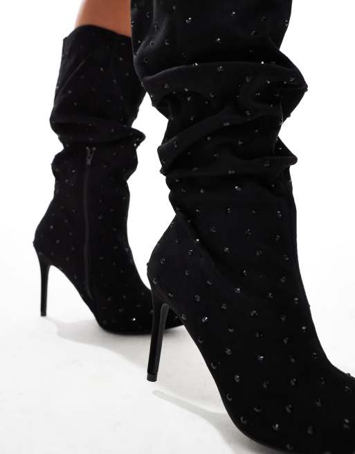 Finding Friday All over embellished calf length heeled boot in black