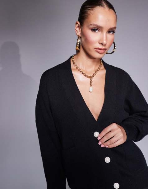 Finding Friday Diamante button detail knitted cardigan in black - view 1