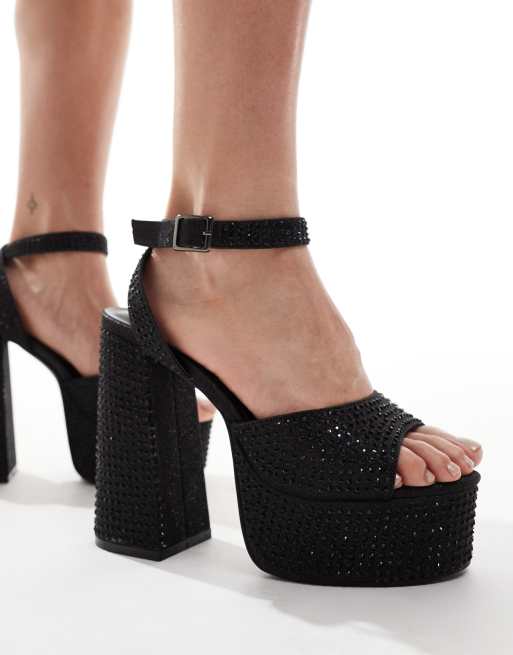 Open Toe Black Glitter Platform Heels Glitter Platform Heels Black