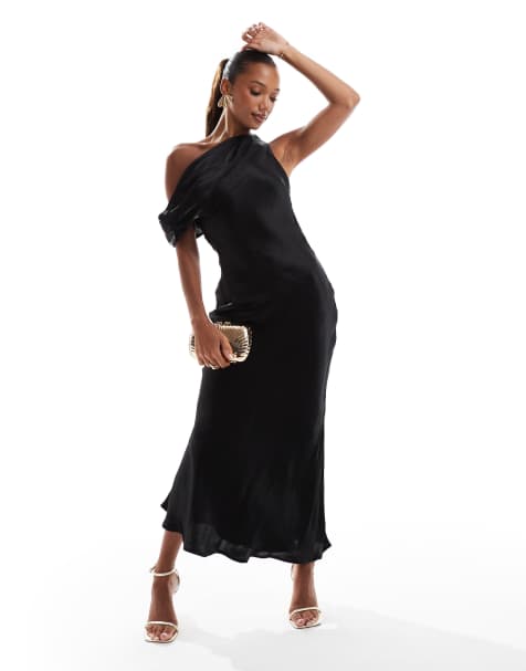 Finding Friday Hammered satin asymmetric bias maxi dress in black