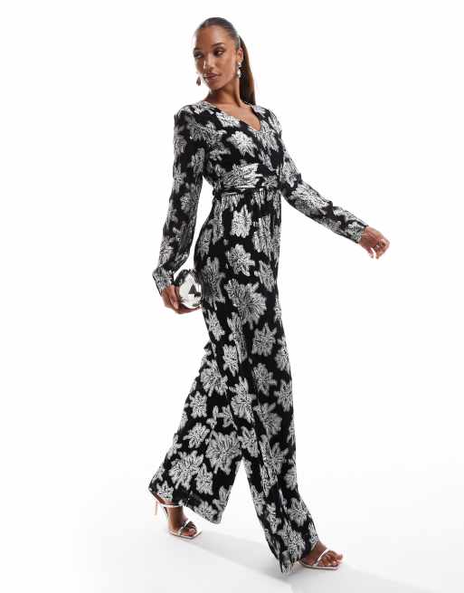 Finding Friday Metallic flower long sleeve jumpsuit in silver