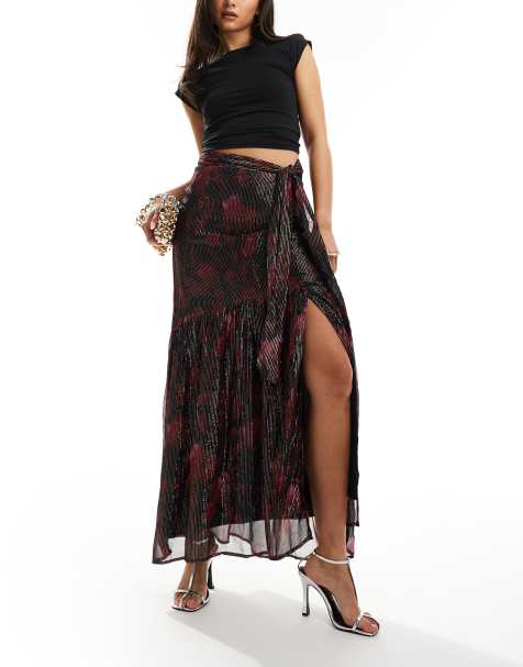 Finding Friday Metallic printed aline maxi skirt with ruffle detail in red - view 1