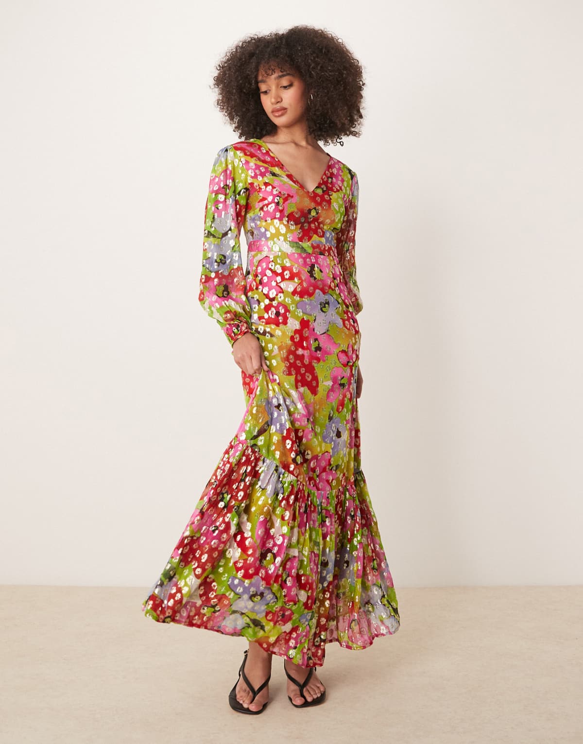 Finding Friday Metallic printed balloon sleeve maxi dress in floral