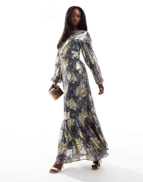Finding Friday Metallic printed balloon sleeve maxi dress in multi - view 1