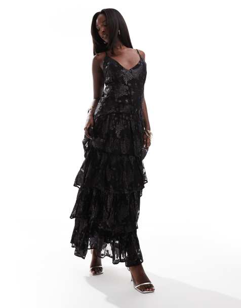 Finding Friday Metallic ruffle strappy shoulder maxi dress in black - view 1