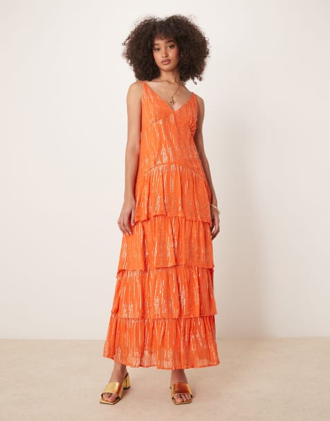 Finding Friday Metallic ruffle strappy shoulder maxi dress in orange - view 1