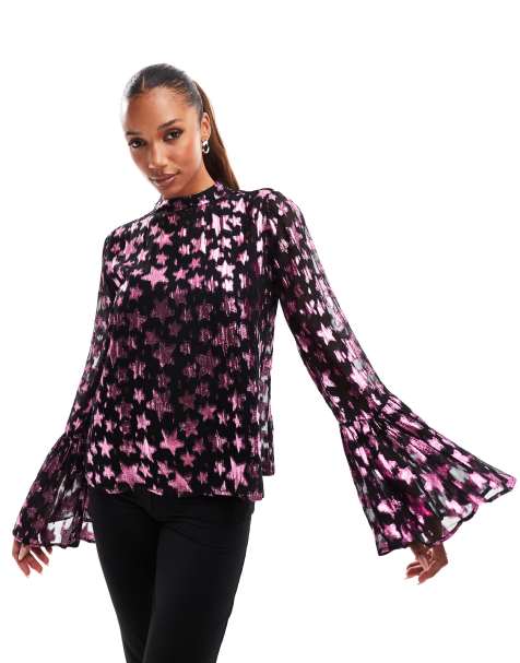 Finding Friday Metallic star high neck blouse in pink/black - view 1