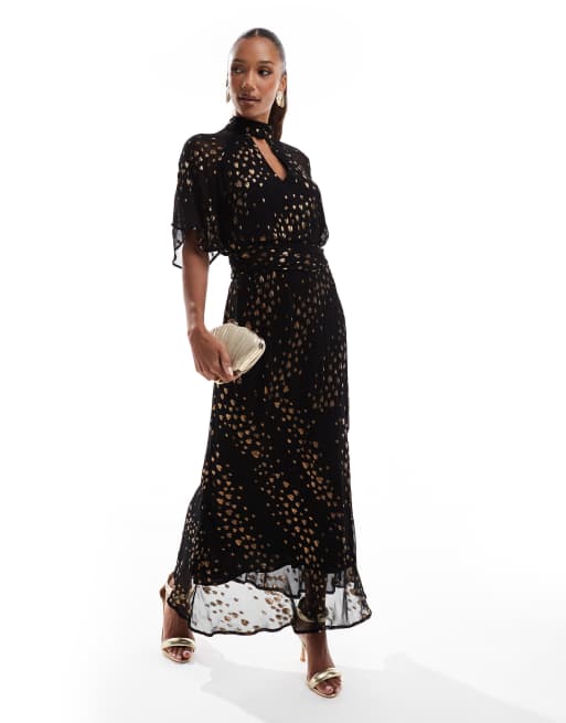 Finding Friday Print metallic angel sleeve midi dress with neck band detail in bronze