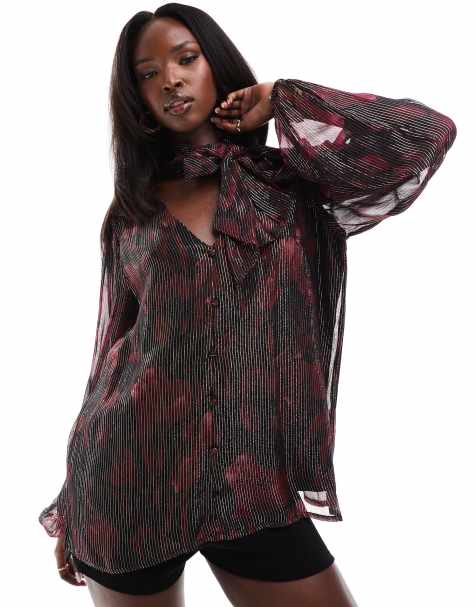 Finding Friday Printed metallic long sleeve blouse with tie neck in red - view 1