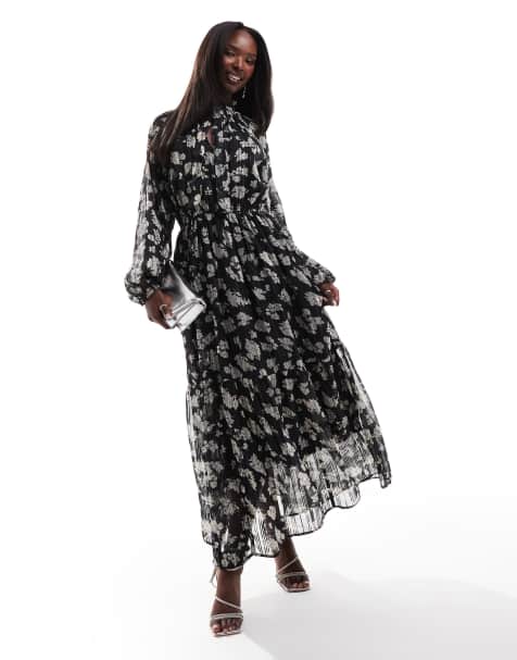 Finding Friday Printed metallic v neck boho midi dress in monochrome - view 1