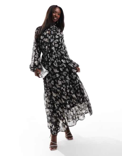 Finding Friday Printed metallic v neck boho midi dress in monochrome