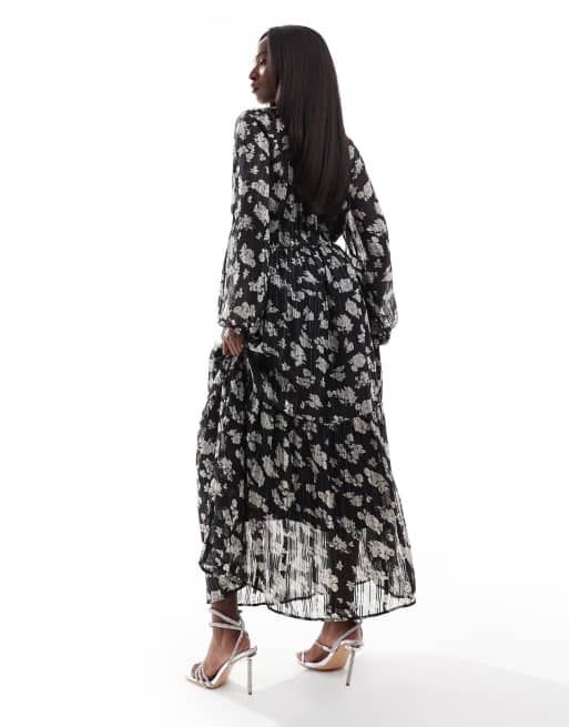 Finding Friday Printed metallic v neck boho midi dress in monochrome, 2 of 4