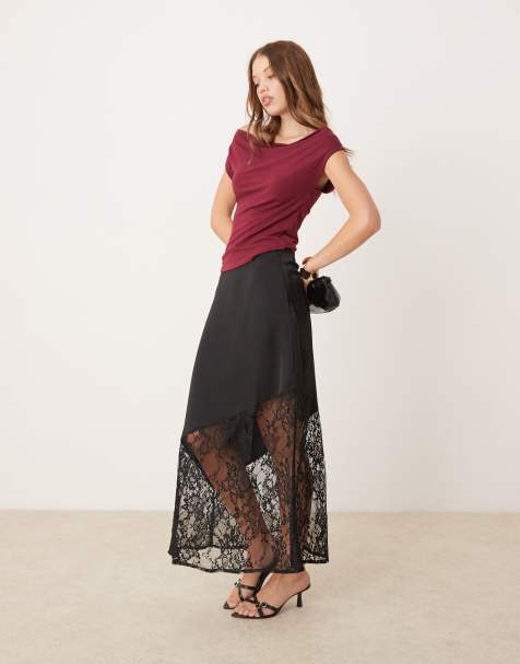 Finding Friday Satin midi skirt with lace insert in black - view 1