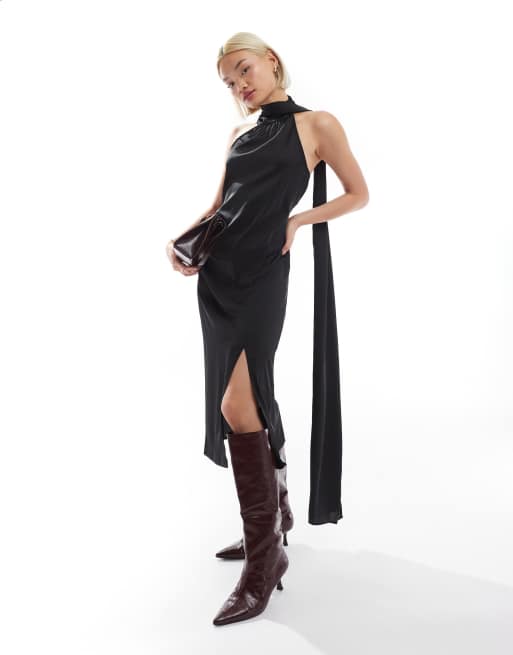 Finding Friday Satin one shoulder midi dress in black