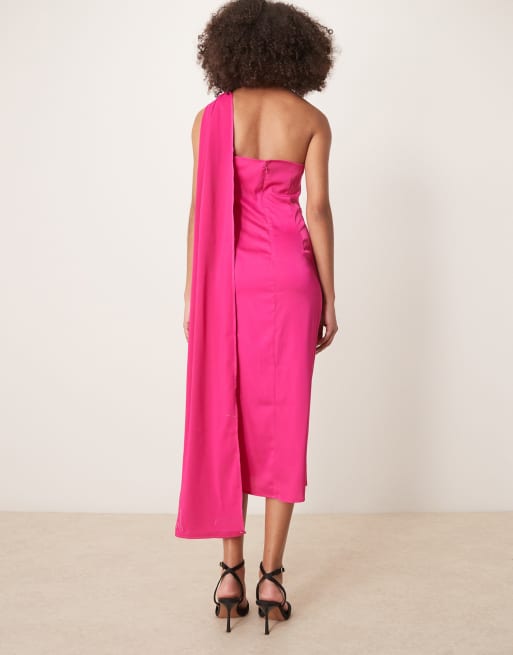 hot pink one shoulder midi dress Hot Pink One Shoulder Flower Tulle Tiered Midi Dress