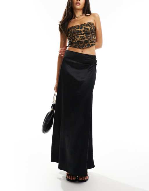 Finding Friday satin ruched detail A-line midi skirt in black