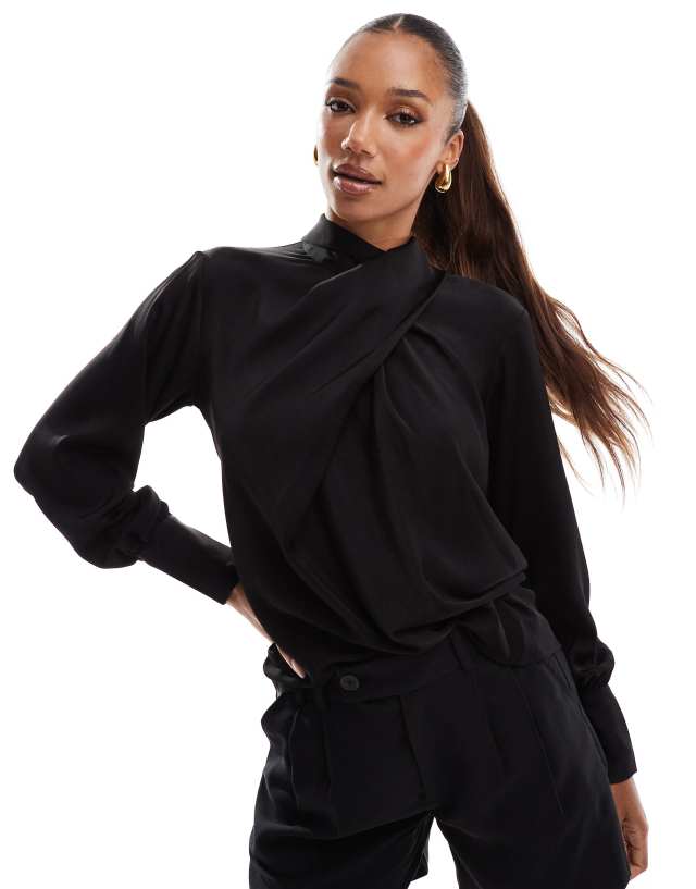 Finding Friday Satin twist neck blouse in black | ASOS