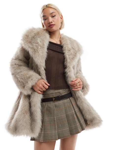 Finding Friday Tipped long pile faux fur collar detail long jacket in beige - view 1