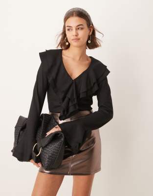 Finding Friday Vneck frill blouse in black