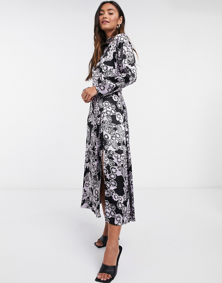 Finery - Lyndon - Midi-jurk met strikceintuur en print-Zwart