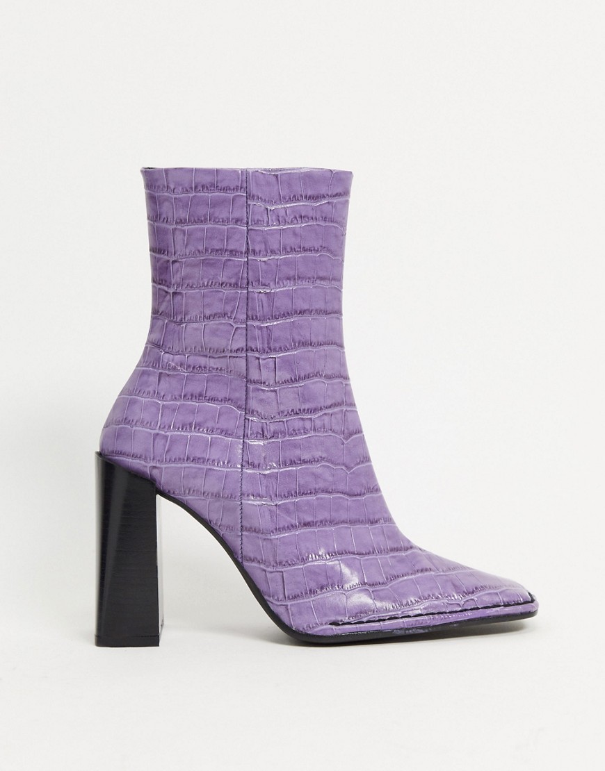 Фиолетовые кожаные ботильоны на каблуке с отделкой под кожу крокодила ASOS DESIGN-Фиолетовый