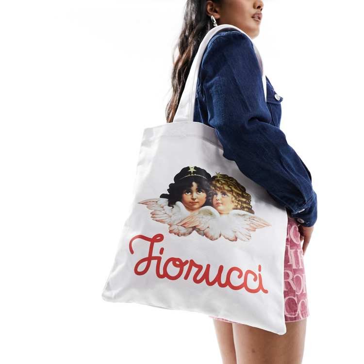 Fiorucci canvas tote bag in white with angel print