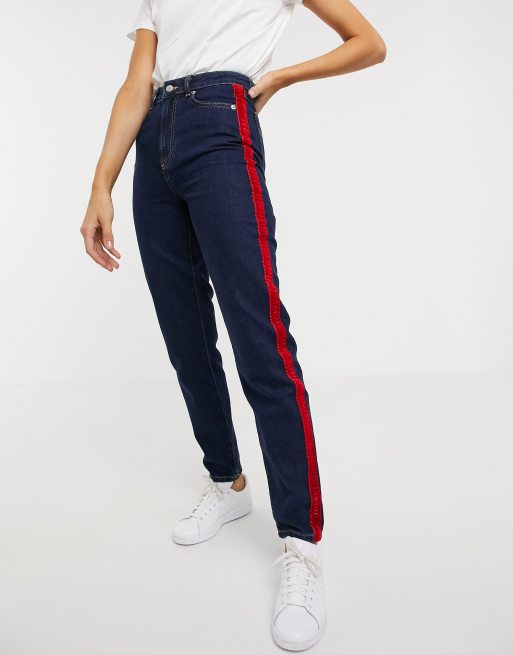 Fiorucci – Ciemnoniebieskie jeansy z wysokim stanem i ozodbnymi, aksamitnymi lampasami wzdłuż nogawek