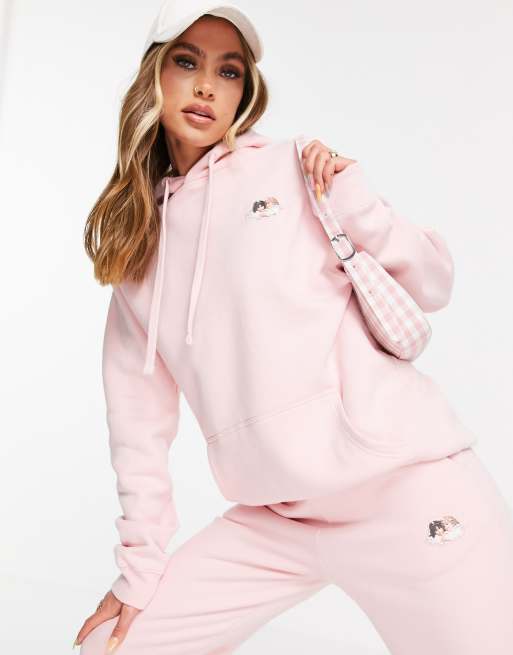 Fiorucci - Felpa con cappuccio con stampa degli iconici angioletti, colore rosa polvere in coordinato