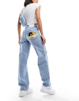 Fiorucci high rise straight leg jeans in light vintage wash with angel bum patch