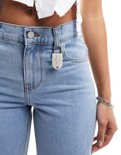 Fiorucci high rise straight leg jeans in light vintage wash with angel bum patch, 4 of 5