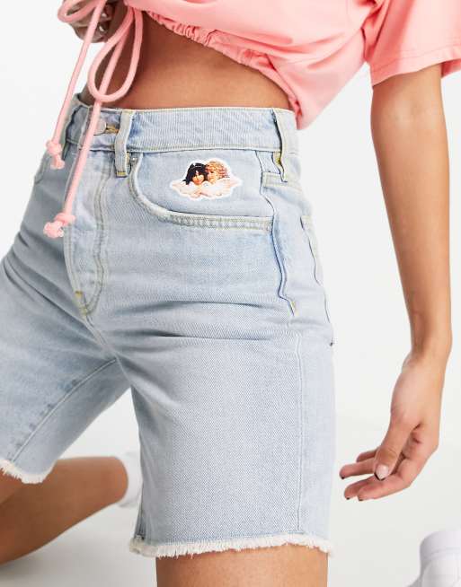 Fiorucci - Højtaljede denimshorts i vintage-vask med engel-logo