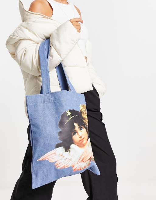Fiorucci – Jeansowa torba oversize typu tote z nadrukiem w aniołki