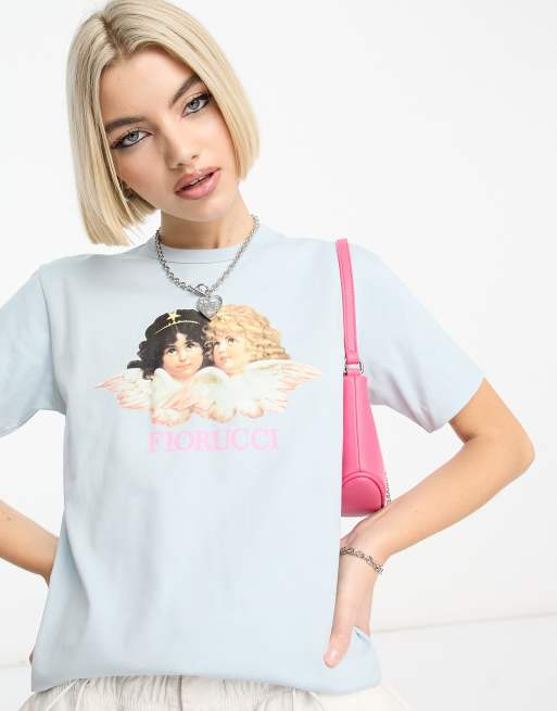 Fiorucci – Klasyczny jasnoniebieski T-shirt z motywem aniołków