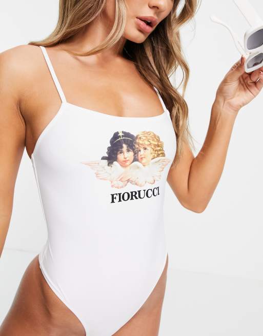 Fiorucci - Maillot 1 pièce à fines bretelles à grand motif ange 