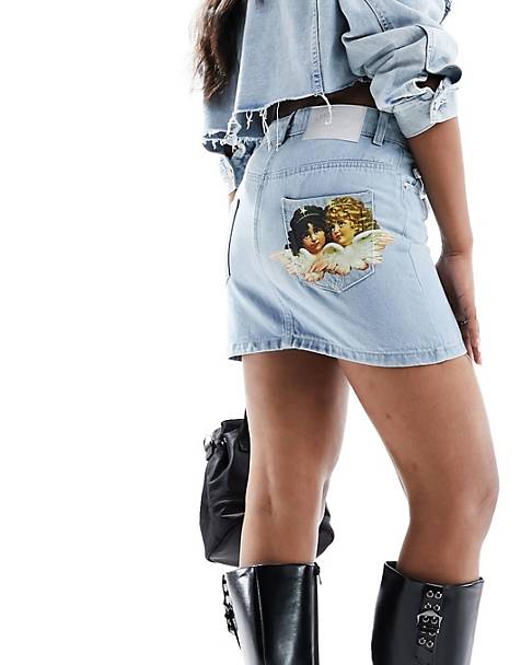 Fiorucci micro mini denim skirt in vintage wash with angel patch bum