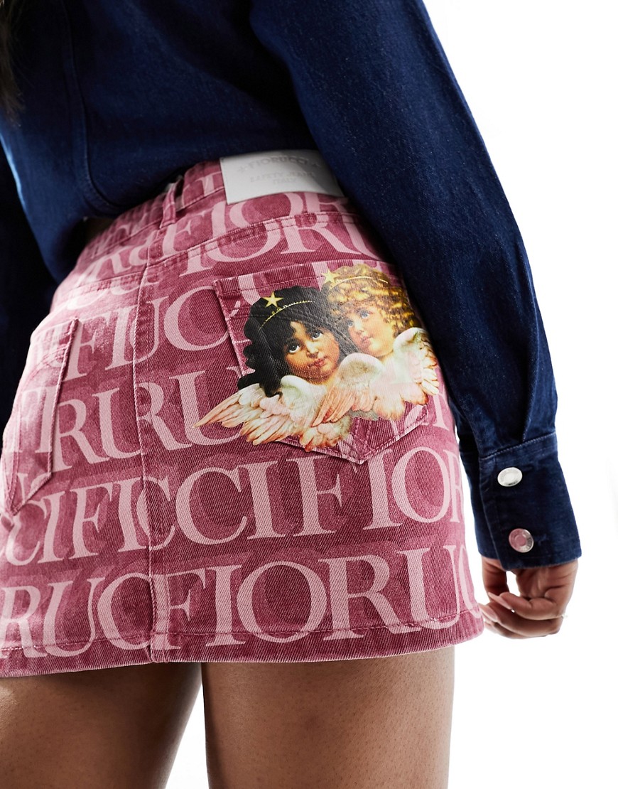 Fiorucci micro mini skirt in burgundy monogram denim-Red