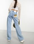 Fiorucci Patti wide leg jeans with angel pocket in acid wash-Blue