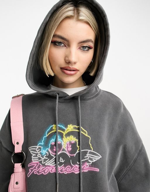 Fiorucci relaxed hoodie with neon angels in washed black
