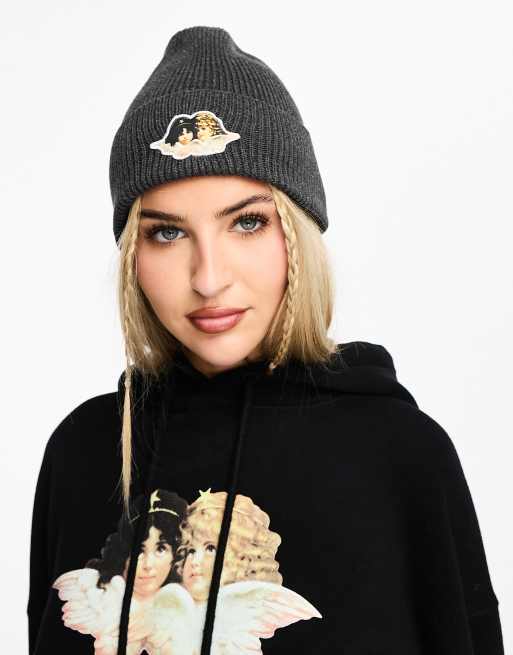 Fiorucci rib beanie with icon angels in charcoal