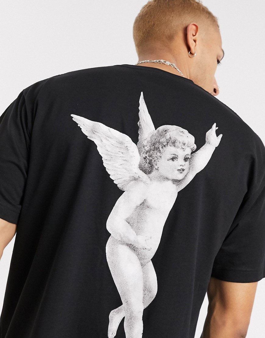 Fiorucci – Svart t-shirt med ängelmönster på ryggen
