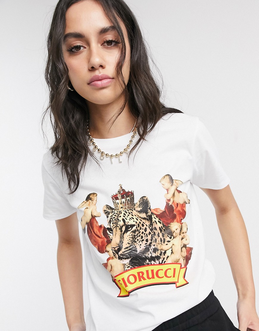 Fiorucci - T-shirt boyfriend con stampa con ghepardo con corona-Bianco