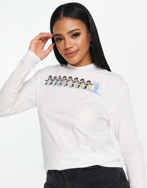 Fiorucci - T-shirt comoda a maniche lunghe con stampa grafica con logo e pinguini