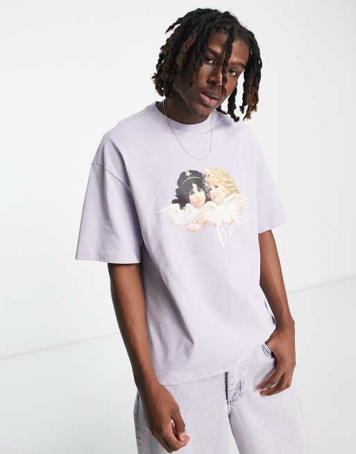 Fiorucci – T-shirt o luźnym kroju w spranym fioletowym kolorze z logo z aniołkami