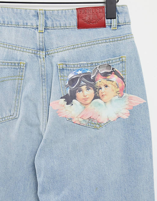 Fiorucci Tara vintage angel patch straight leg jeans in light wash blue