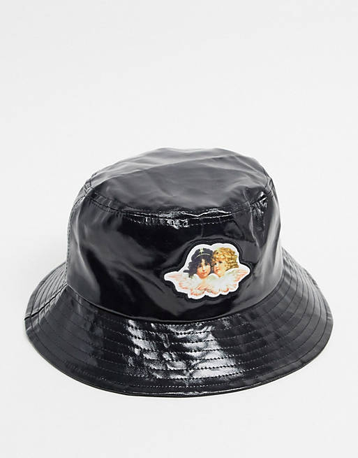 Fiorucci vinyl bucket hat in black with angels logo